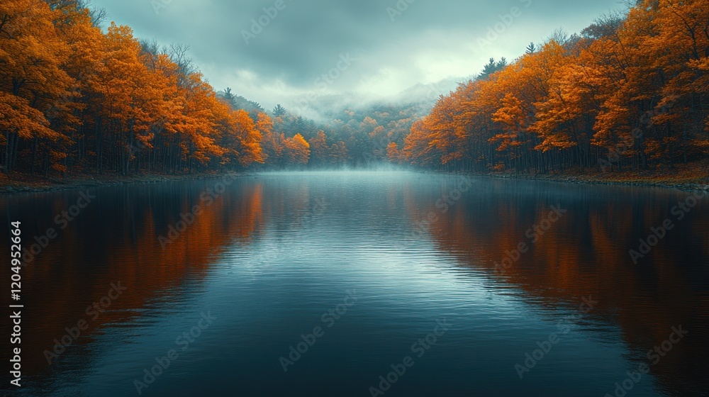Autumn lake, foggy forest, serene reflection Autumn lake, foggy forest, serene reflection
