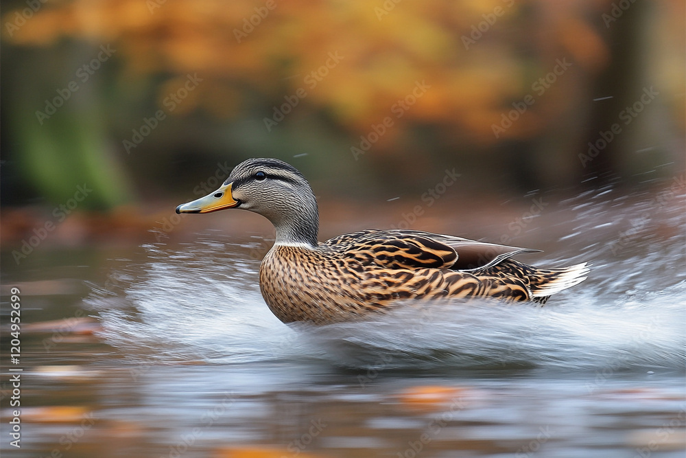 Female Mallard Duck Running Across Water In Autumn Female Mallard Duck Running Across Water In Autumn