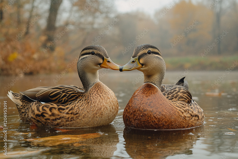 Two Mallard Ducks Close Together On Autumn Water Two Mallard Ducks Close Together On Autumn Water