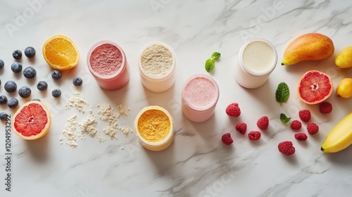 A stylish flat lay of protein powder, shaker bottles, and fresh fruits arranged on a marble surface. photo