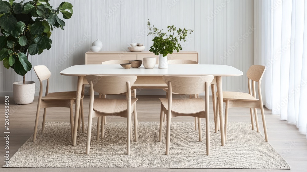 Fototapeta premium A Scandinavian-inspired dining room with a white table, light wood chairs, and a minimalist vibe