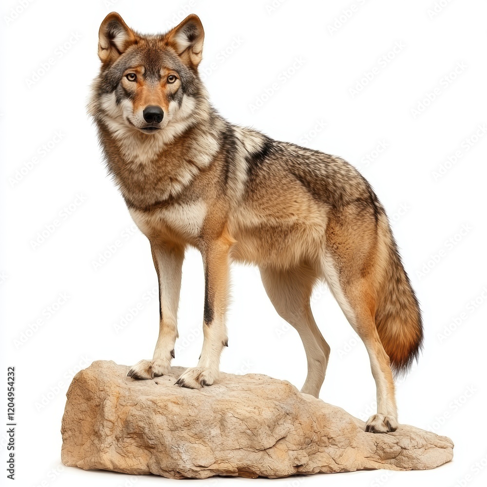 Fototapeta premium Majestic Red Wolf Standing on a Rock Against White Background