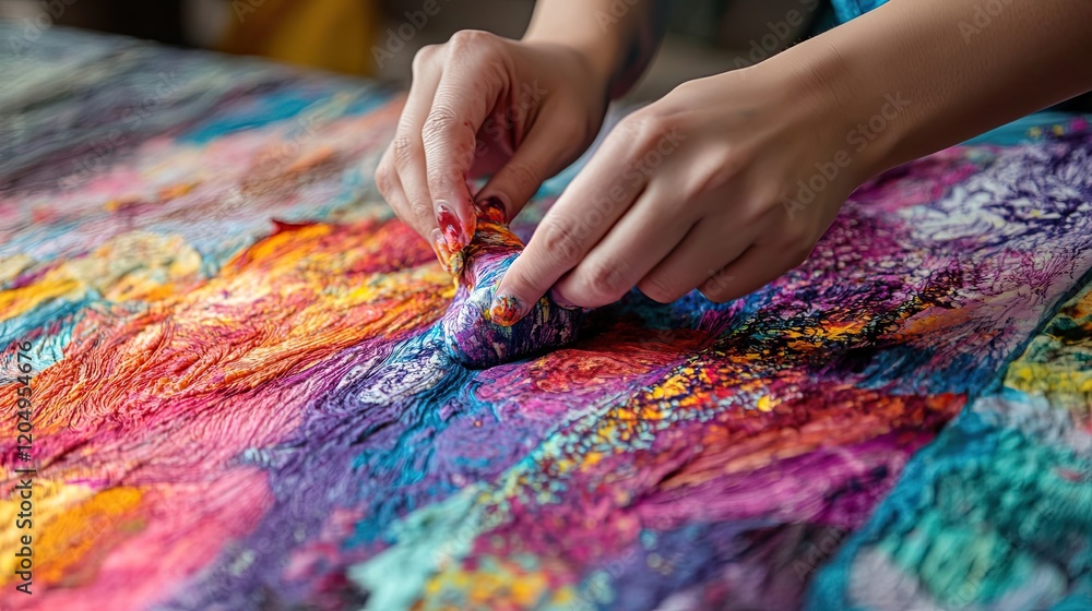 Hands Shaping Vibrant Colorful Abstract Fabric Art Hands Shaping Vibrant Colorful Abstract Fabric Art