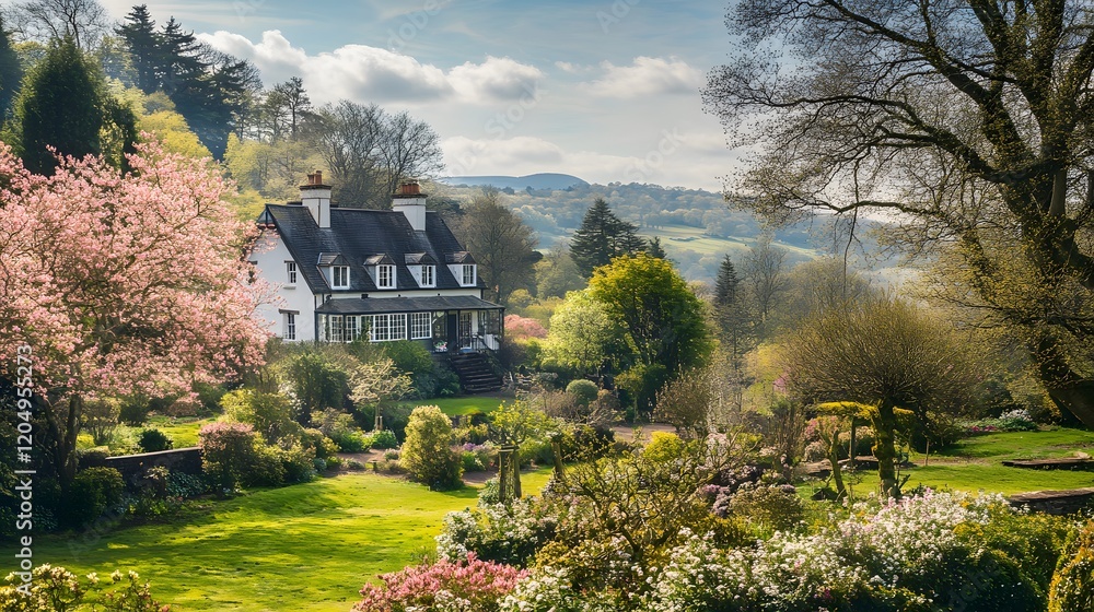 Obraz premium White House nestled in a vibrant spring garden landscape