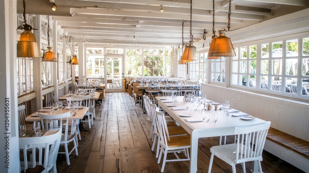 Fototapeta premium A spacious dining area featuring a rectangular white table, decorative pendant lights, and wooden flooring