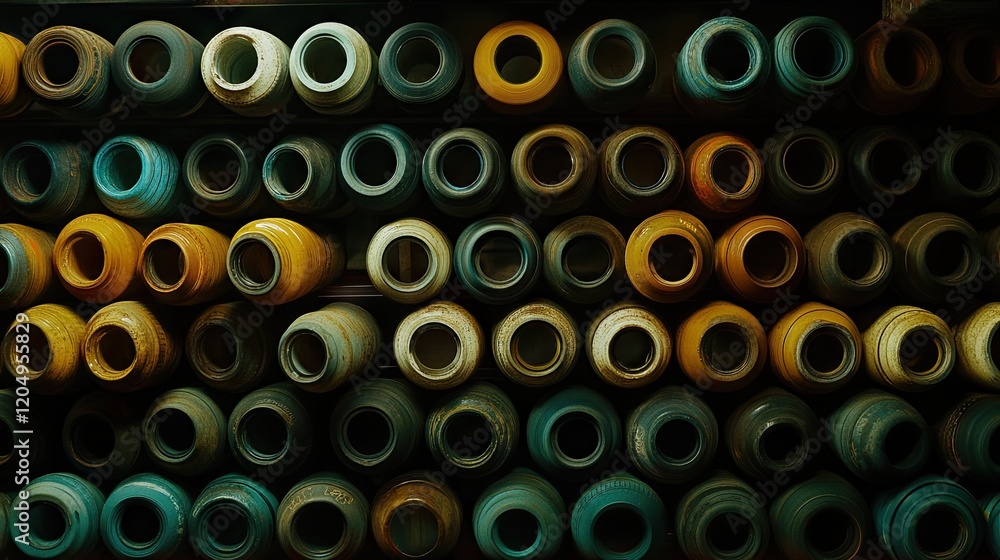 A stack of car tires and wheels neatly arranged in an auto parts warehouse, ready for purchase or installation A stack of car tires and wheels neatly arranged in an auto parts warehouse, ready for purchase or installation