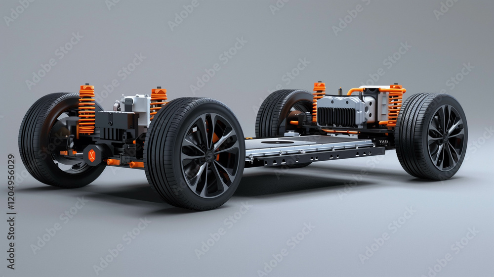 Electric vehicle chassis with battery and wheels on gray background Electric vehicle chassis with battery and wheels on gray background