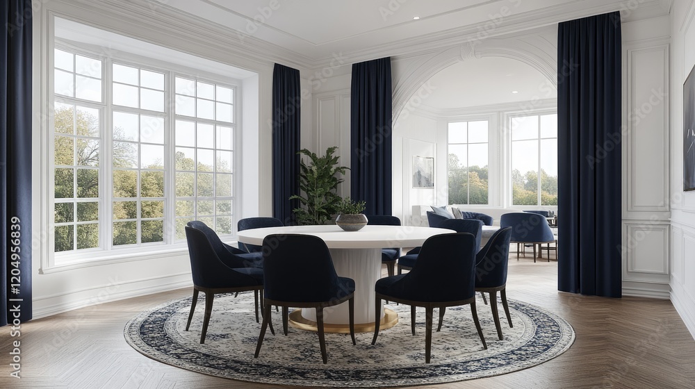 Fototapeta premium A stylish dining room with a round white table, navy blue chairs, and a patterned rug beneath
