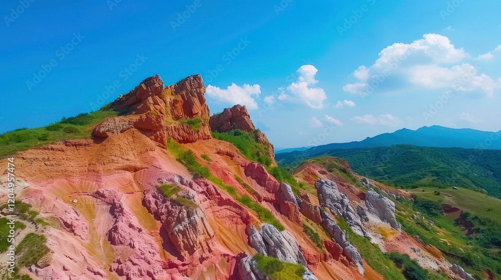Obraz premium Breathtaking Aerial View of Colorful Rock Formations Under Bright Blue Sky with Lush Green Hills and Dramatic Clouds in Scenic Landscape