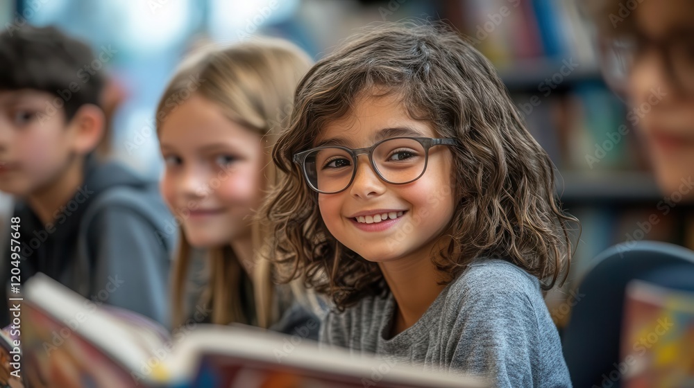 A smiling girl with curly hair and glasses reads a book in a library, surrounded by other children enjoying their reading time. A smiling girl with curly hair and glasses reads a book in a library, surrounded by other children enjoying their reading time.