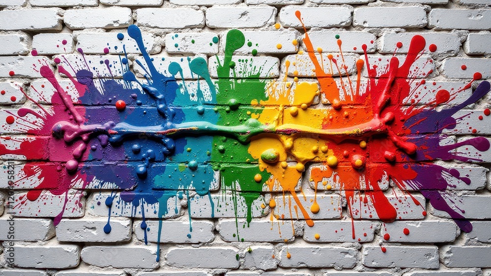 Fototapeta premium A striking blend of white brick and vibrant paint splatters forms a dynamic abstract pattern on an outdoor wall, showcasing nature's artistry in every hue and texture