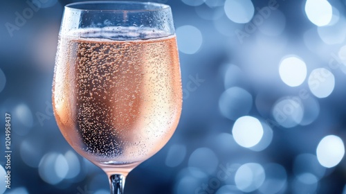 A sparkling glass of ros? wine with bubbles against a blurred blue bokeh background photo