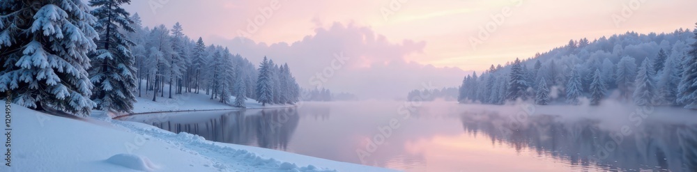 Fototapeta premium Misty morning with snow-covered trees and a serene lake, serene, mist