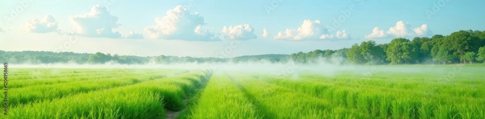 Obraz premium Morning mist rises from a lush grassy field with puffy white clouds, clouds, fog, natural