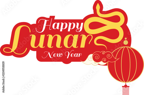 Happy Lunar New Year Typography Sticker. Chinese New Year. Year of The Snake. Vector Illustration