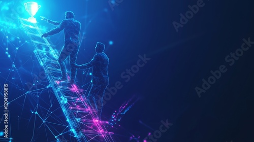 Manager Energetically Assisting an Employee Up a Glowing Ladder Towards a Holographic Trophy, Symbolizing Mentorship and Career Achievement