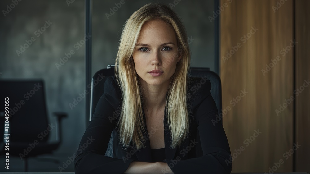 A woman in a black suit sits in front of a desk. Generative AI A woman in a black suit sits in front of a desk. Generative AI