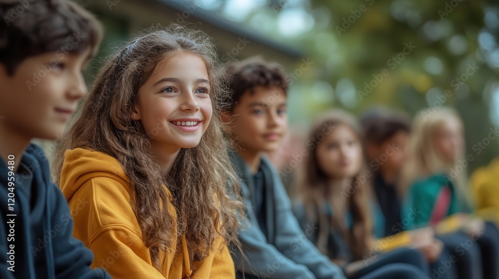 A group of children sitting outdoors, smiling and engaged, showcasing friendship and joy in a lively, natural setting. A group of children sitting outdoors, smiling and engaged, showcasing friendship and joy in a lively, natural setting.