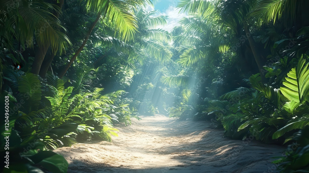 A serene jungle path bathed in dappled sunlight, surrounded by lush greenery and tropical plants. A serene jungle path bathed in dappled sunlight, surrounded by lush greenery and tropical plants.