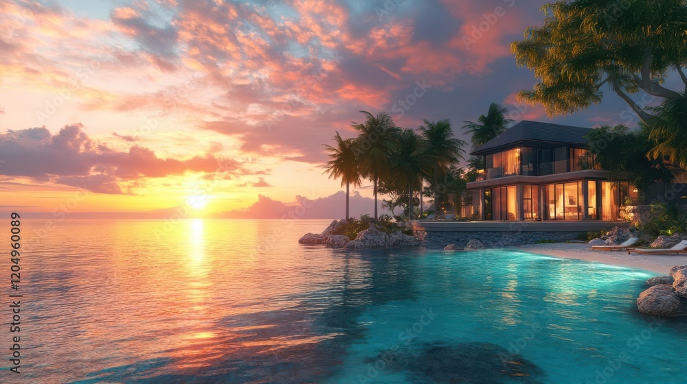 A serene beachfront property at sunset, surrounded by palm trees and calm waters, creating a tranquil escape. A serene beachfront property at sunset, surrounded by palm trees and calm waters, creating a tranquil escape.