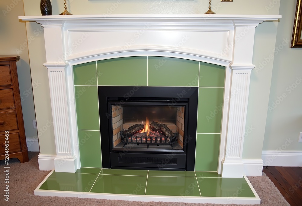 Fototapeta premium Vertical Rectangular Matte Tiles Pine Green Fireplace Surround 6x30cm Modern Minimalist Interior Design Simple Detail 