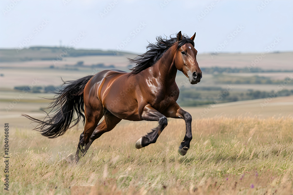 Splendid Display of Equine Agility and Speed: A Chestnut Horse Galloping On Open Fields Splendid Display of Equine Agility and Speed: A Chestnut Horse Galloping On Open Fields