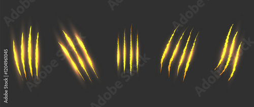 Cat scratch. Golden claw scratches set isolated on black background. Dragon, bear or tiger claw marks. Halloween monster paw scratch trace on surface. 3d vector illustration.