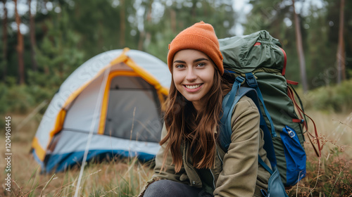 Young woman a hiking trip and going camping in nature