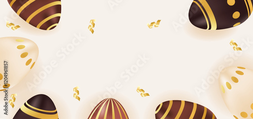 Happy Easter day background realistic chocolate gold eggs. Holiday concept, template, layout, copy space. Vector illustration of brown, beige colors