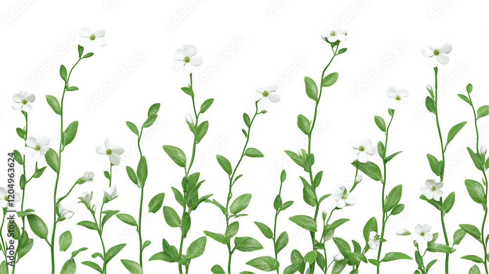 Blossoming jasmine flowers with lush green stems isolated on transparent background Blossoming jasmine flowers with lush green stems isolated on transparent background