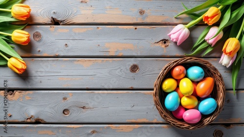 Overhead shot of a rustic wooden table featuring a vibrant wicker basket brimming with colorful plastic Easter eggs, contrasted by elegant tulips—yellow, orange, pink, and white—with lush green foliag photo