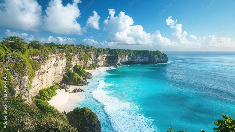 Obraz premium A stunning tropical coastline with cliffs, turquoise waters, and vibrant greenery under a bright blue sky, ideal for relaxation and adventure.