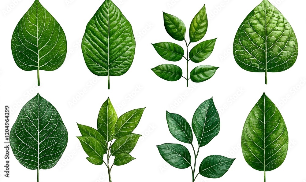 Naklejka premium Verdant Watercolor Leaf Collection, a vibrant assortment of lush green foliage rendered in delicate watercolor, showcasing nature's serene beauty.