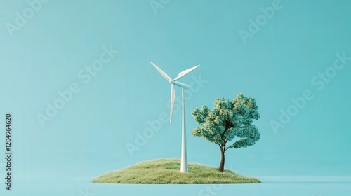 Green Energy Concept with Wind Turbine and Tree on a Meadow Island photo