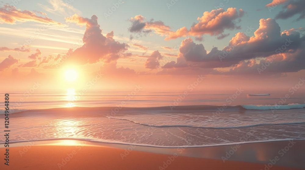 Beautiful sunset over the beach with orange sky and calm sea waves Beautiful sunset over the beach with orange sky and calm sea waves