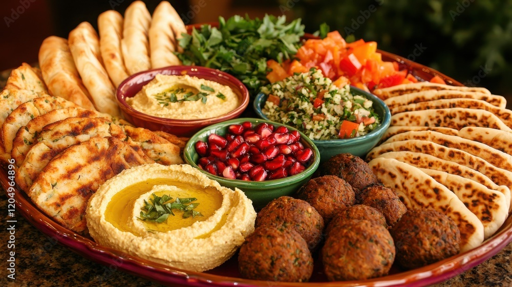 Festive Middle Eastern Snack Platter with Hummus, Falafel, and Fresh Vegetables Festive Middle Eastern Snack Platter with Hummus, Falafel, and Fresh Vegetables