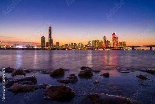 Photography Sunset at seoul city and Downtown skyline in Seoul, South Korea.
