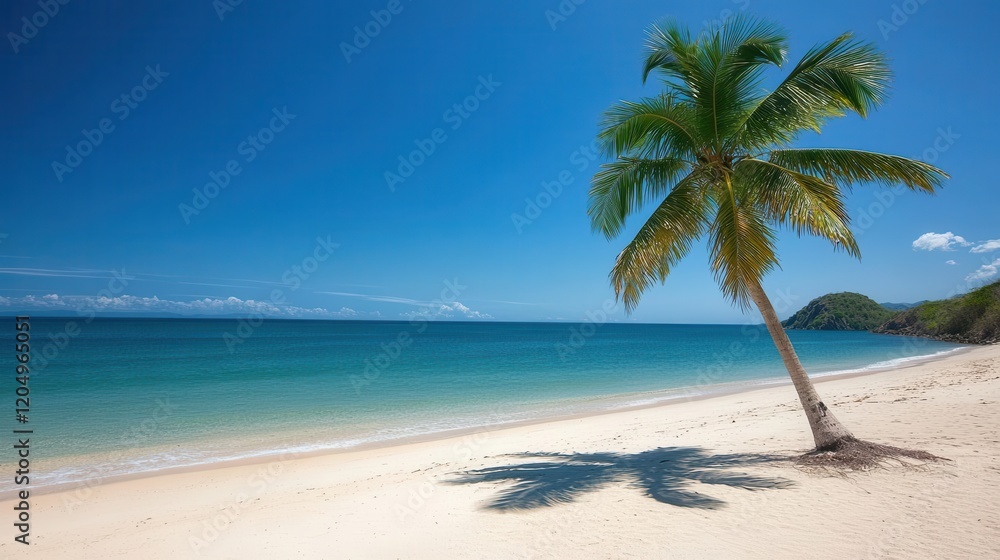 Obraz premium A serene sandy beach with a single palm tree, clear turquoise waters, and a bright blue sky, perfect for relaxation and tropical vibes.