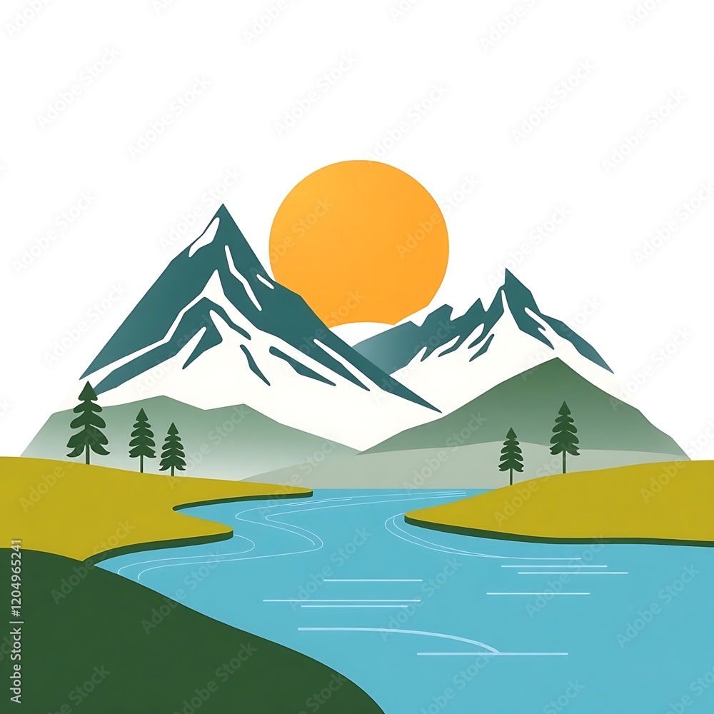 Naklejka premium Sunrise over majestic mountains and river.