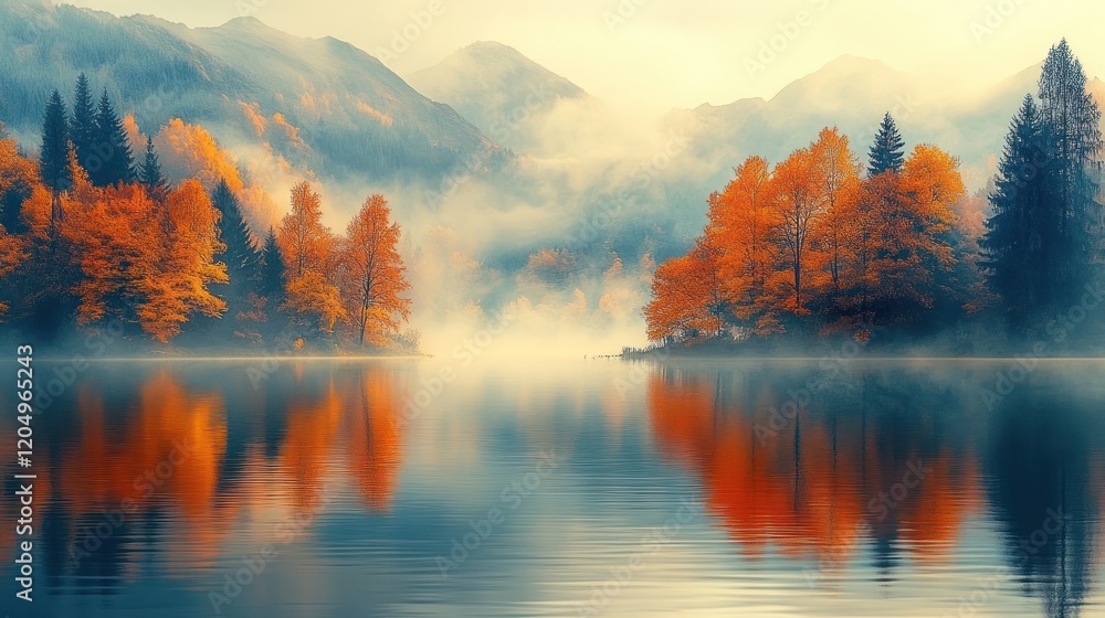 Obraz premium Autumn lake, misty mountains, reflection, calm