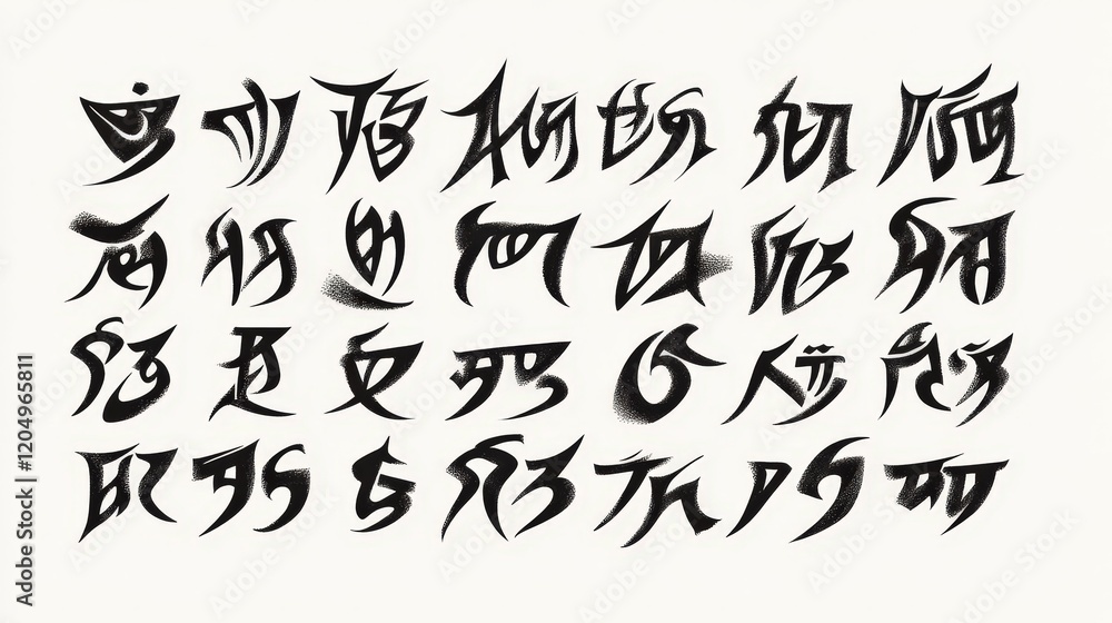 Naklejka premium Intricate Black Symbols with Artistic Calligraphy on Paper Background