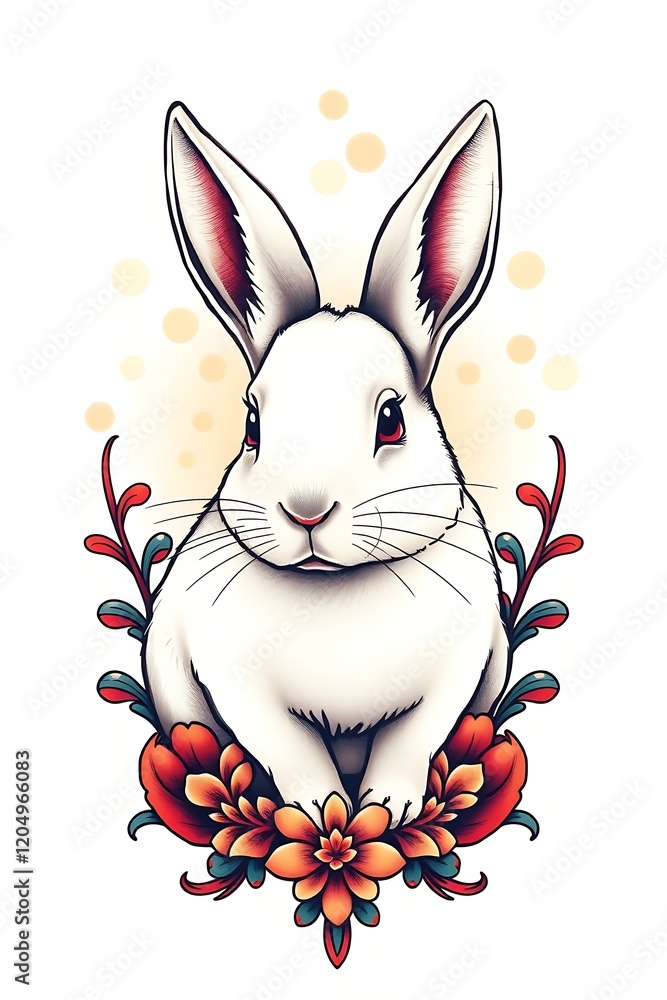Obraz premium Cute white rabbit with flowers.