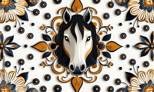 Elegant equine motif, intricate seamless pattern showcasing stylized horse heads, harmonious design, perfect for textiles or wallpapers photo