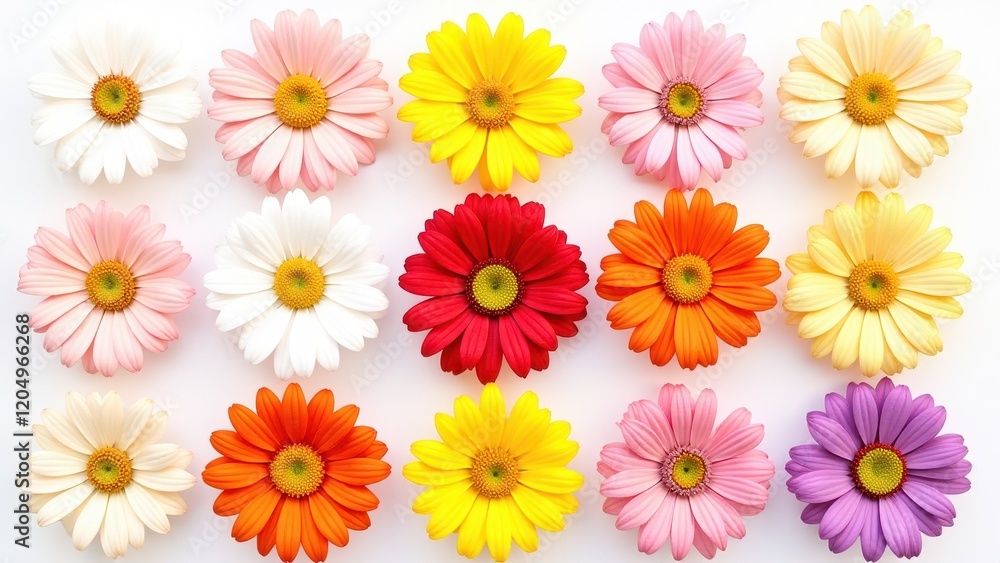 A vibrant bouquet of nine uniquely colored daisies, centering on a striking red flower, elegantly lined up against a pristine white backdrop, capturing a harmonious blend of nature's hues A vibrant bouquet of nine uniquely colored daisies, centering on a striking red flower, elegantly lined up against a pristine white backdrop, capturing a harmonious blend of nature's hues