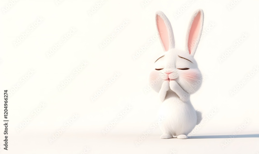 Fototapeta premium Cute bunny praying, white background, 3D render, Easter