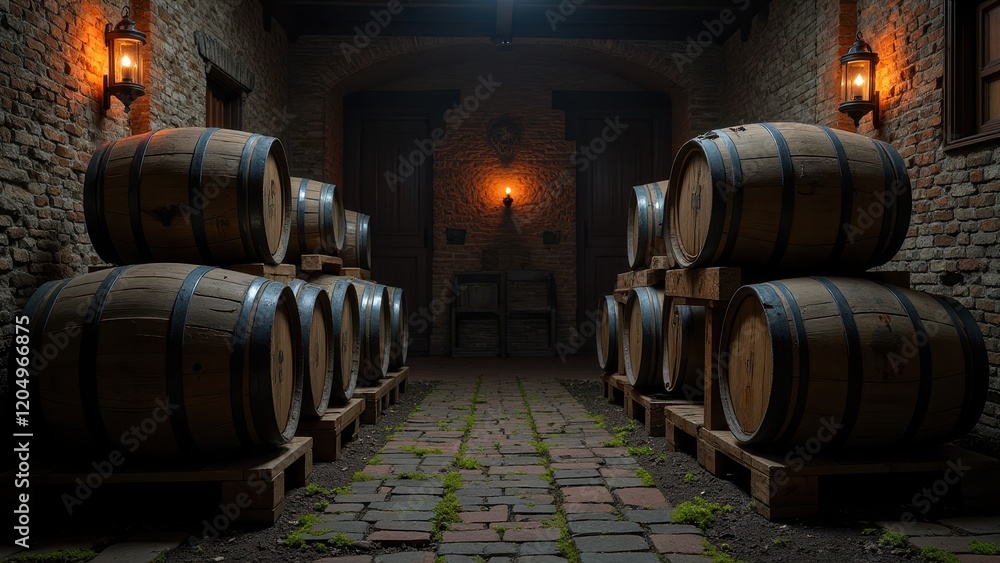 A cozy brick-walled room features a central walkway framed by wooden pallets, flanked by creatively stacked wooden barrels, exuding rustic charm A cozy brick-walled room features a central walkway framed by wooden pallets, flanked by creatively stacked wooden barrels, exuding rustic charm