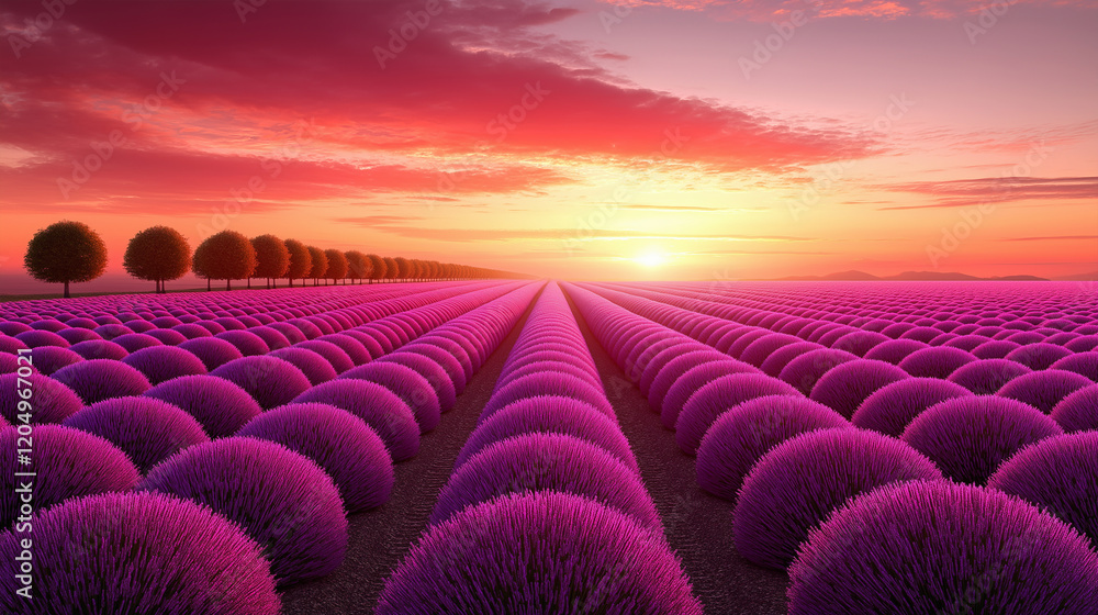 Obraz premium Vibrant lavender fields at sunset with glowing colorful sky.