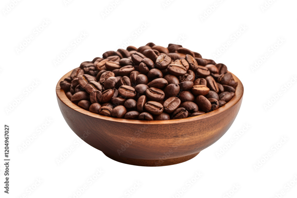 A top-view close-up of a wooden cup overflowing with dark coffee beans, showcasing their rich texture and glossy finish, set on a plain white background A top-view close-up of a wooden cup overflowing with dark coffee beans, showcasing their rich texture and glossy finish, set on a plain white background