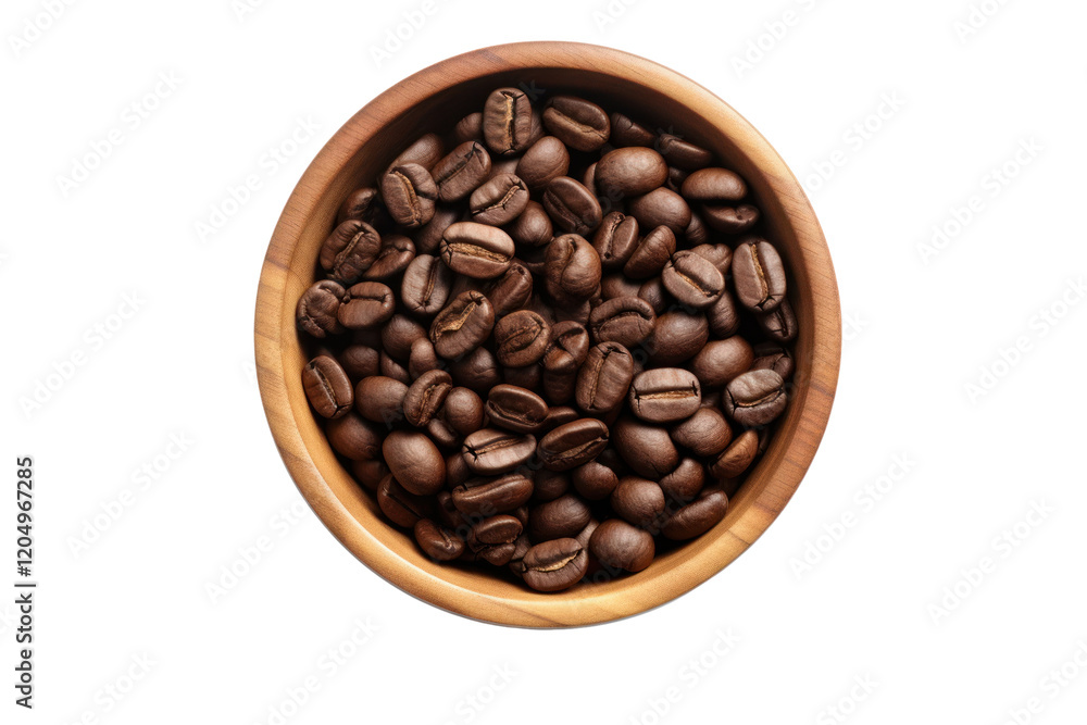 A top-view close-up of a wooden cup overflowing with dark coffee beans, showcasing their rich texture and glossy finish, set on a plain white background A top-view close-up of a wooden cup overflowing with dark coffee beans, showcasing their rich texture and glossy finish, set on a plain white background