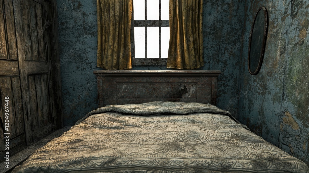 Obraz premium Forgotten Bedroom with Old Dusty Bed and Quilt in Abandoned Room with Rustic Charm